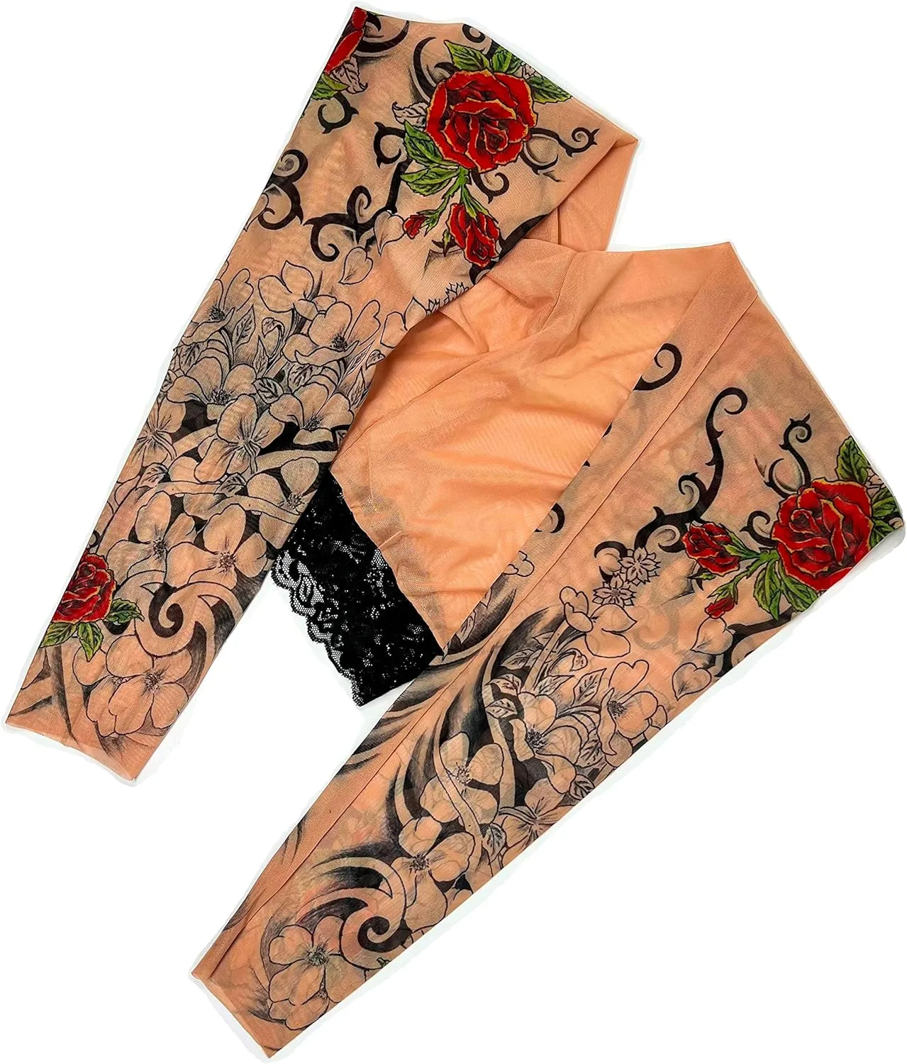 Wild Rose Ladies Flamenco Tattoo Mesh Leggings Red Rose Blackwork, Tan