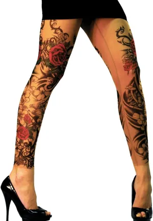 Wild Rose Ladies Flamenco Tattoo Mesh Leggings Red Rose Blackwork, Tan