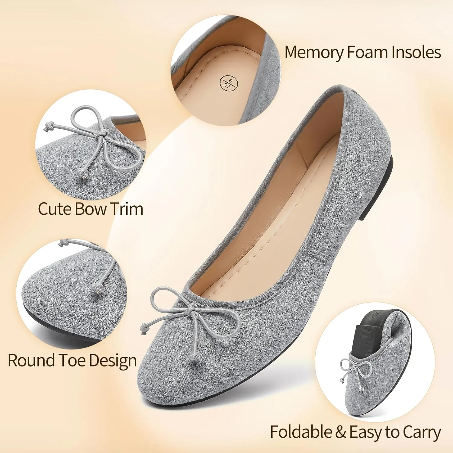 Witwatia Women's Flat Dress Shoes Comfortable Black Ballet Shoes Casual Slip On Dress Shoes Suede Round Toe Flats with Bow