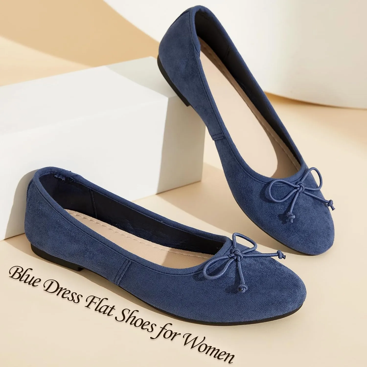 Witwatia Women's Flat Dress Shoes Comfortable Black Ballet Shoes Casual Slip On Dress Shoes Suede Round Toe Flats with Bow