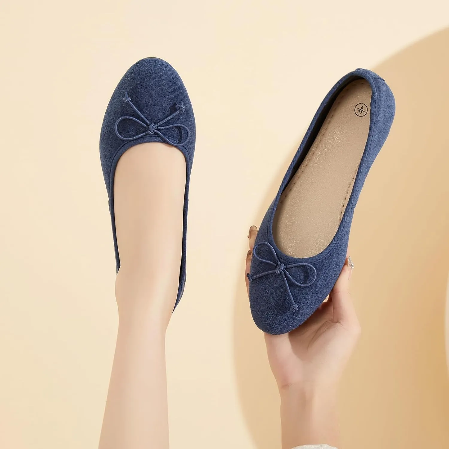 Witwatia Women's Flat Dress Shoes Comfortable Black Ballet Shoes Casual Slip On Dress Shoes Suede Round Toe Flats with Bow