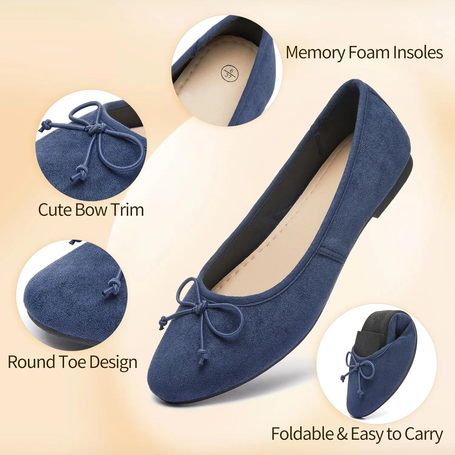 Witwatia Women's Flat Dress Shoes Comfortable Black Ballet Shoes Casual Slip On Dress Shoes Suede Round Toe Flats with Bow