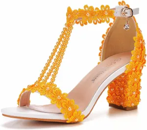 Woman Embroidered Flower Chunky High Heel Fish Mouth Sandals with Adjust Ankle Strap Color Beads Fashion Elegant Block Heel Open Toe Bride Pumps for Wedding Party Dress