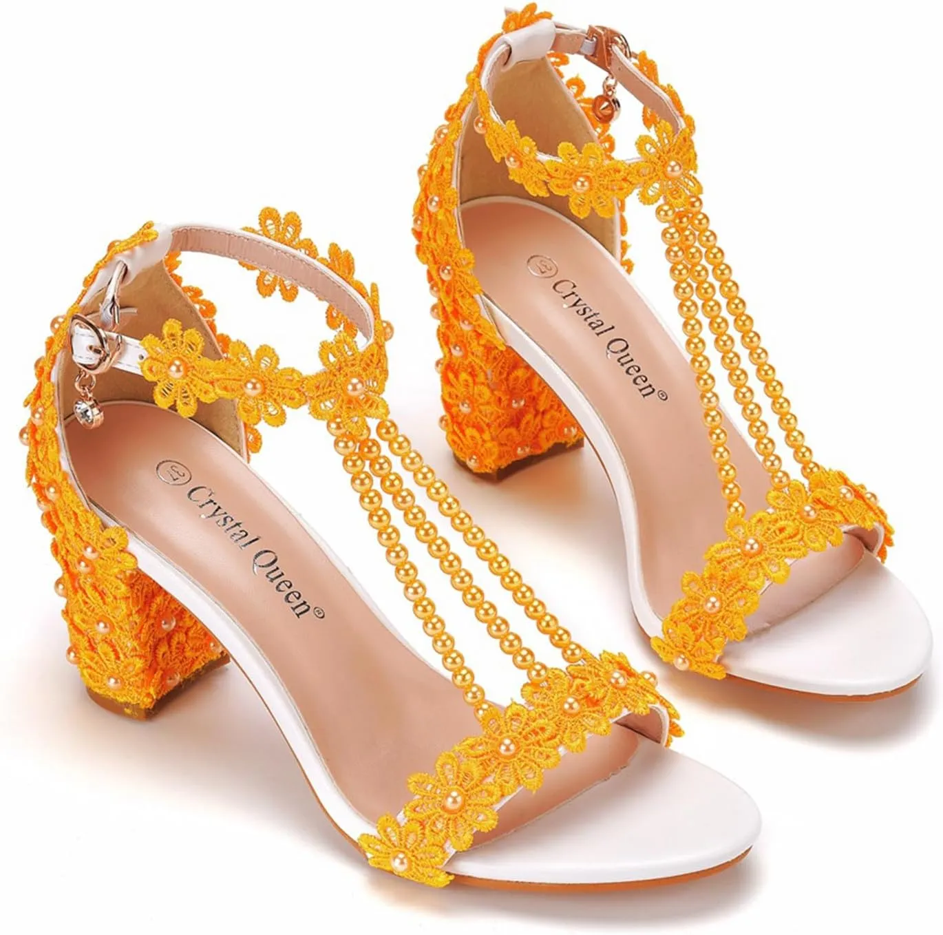 Woman Embroidered Flower Chunky High Heel Fish Mouth Sandals with Adjust Ankle Strap Color Beads Fashion Elegant Block Heel Open Toe Bride Pumps for Wedding Party Dress