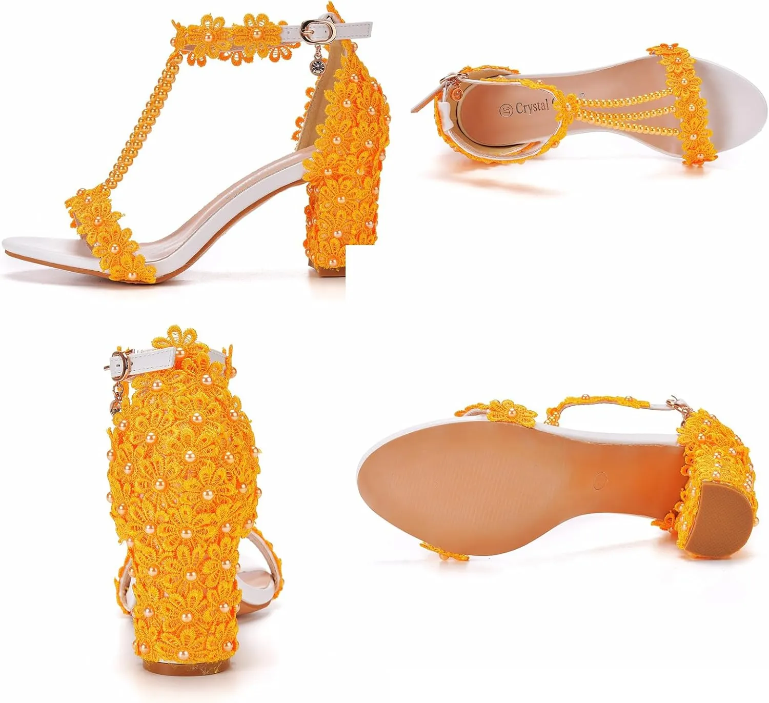 Woman Embroidered Flower Chunky High Heel Fish Mouth Sandals with Adjust Ankle Strap Color Beads Fashion Elegant Block Heel Open Toe Bride Pumps for Wedding Party Dress