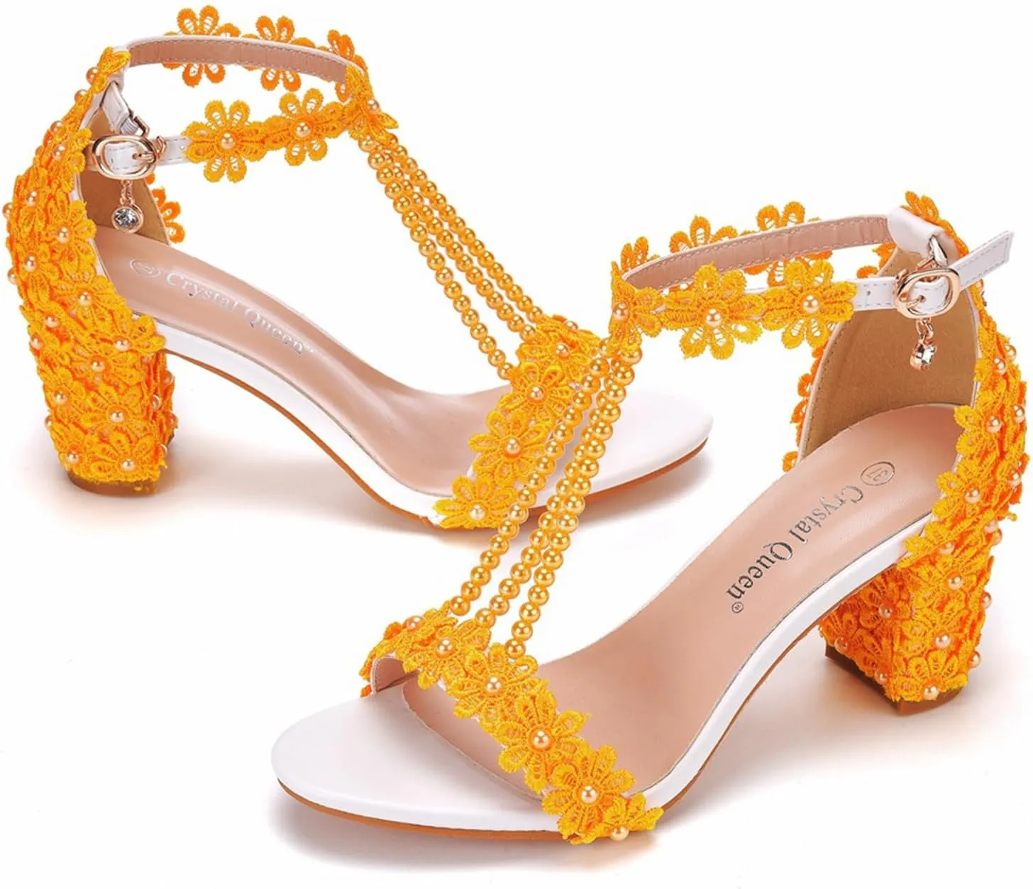 Woman Embroidered Flower Chunky High Heel Fish Mouth Sandals with Adjust Ankle Strap Color Beads Fashion Elegant Block Heel Open Toe Bride Pumps for Wedding Party Dress