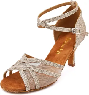 Women Ballroom Latin Salsa Gold Glitter Dance Shoes Suede Sole Open Toe 2 2.5 3 Inch Heel