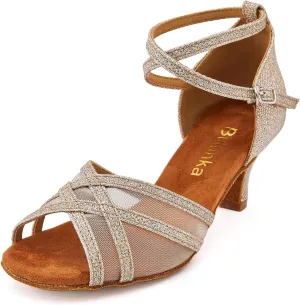 Women Ballroom Latin Salsa Gold Glitter Dance Shoes Suede Sole Open Toe 2 2.5 3 Inch Heel