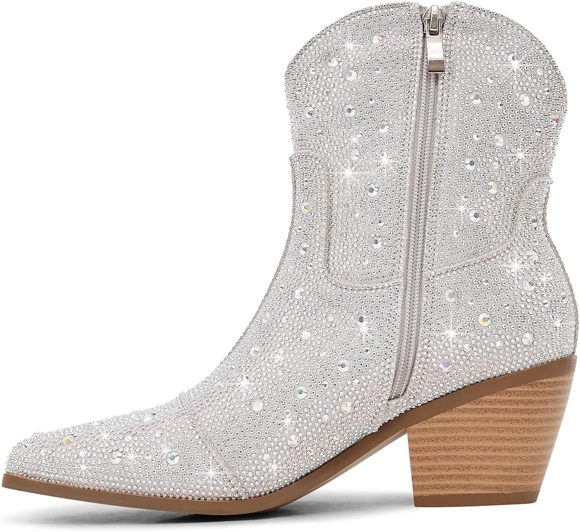 Women Cowboy Boots Cowgirl Rhinestone Mid Calf Western Boots Sparkly Glitter Boots Bling Pointed Toe Chunky Heel Pull On
