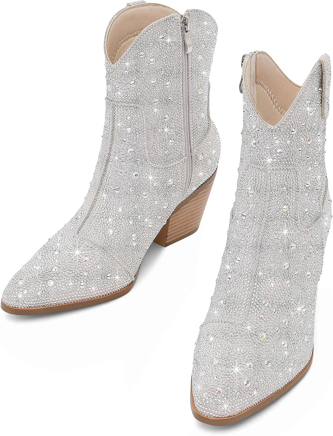 Women Cowboy Boots Cowgirl Rhinestone Mid Calf Western Boots Sparkly Glitter Boots Bling Pointed Toe Chunky Heel Pull On
