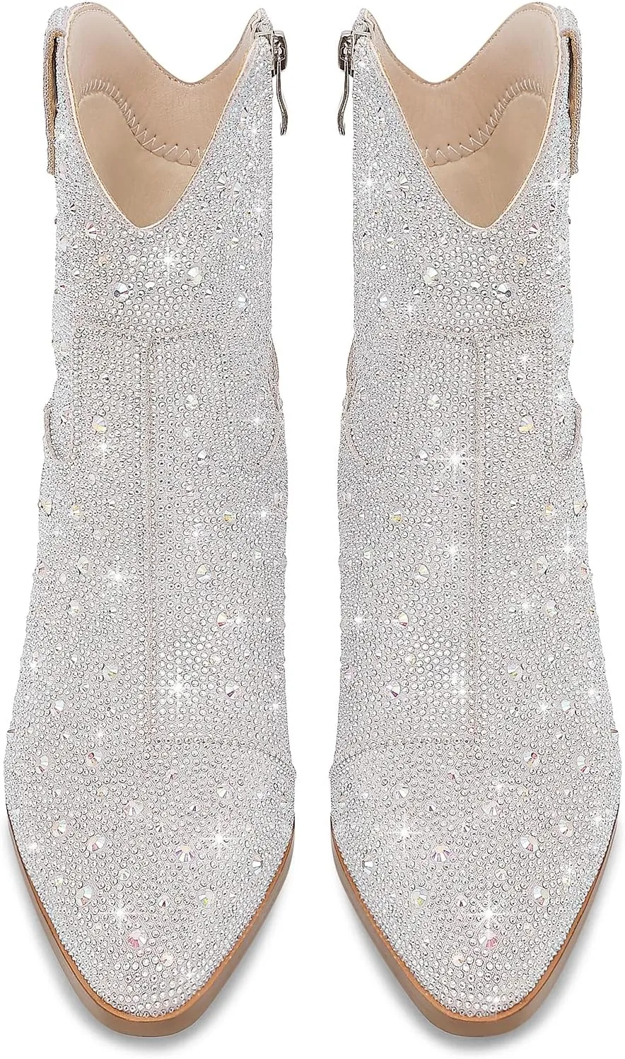 Women Cowboy Boots Cowgirl Rhinestone Mid Calf Western Boots Sparkly Glitter Boots Bling Pointed Toe Chunky Heel Pull On