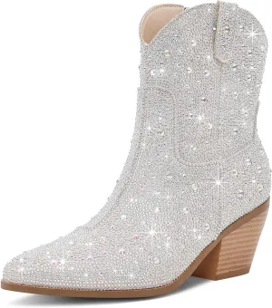 Women Cowboy Boots Cowgirl Rhinestone Mid Calf Western Boots Sparkly Glitter Boots Bling Pointed Toe Chunky Heel Pull On