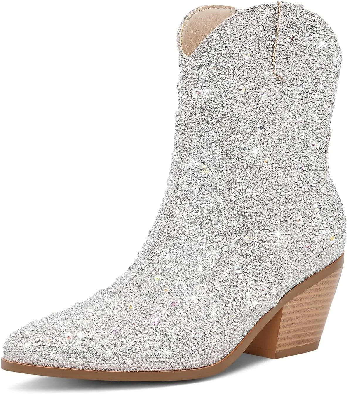 Women Cowboy Boots Cowgirl Rhinestone Mid Calf Western Boots Sparkly Glitter Boots Bling Pointed Toe Chunky Heel Pull On