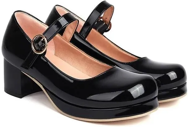 Women Elegant Mary Jane Pumps Square Toe Block Heels with Belt Buckles
