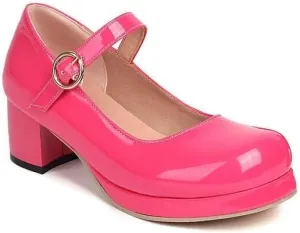 Women Elegant Mary Jane Pumps Square Toe Block Heels with Belt Buckles