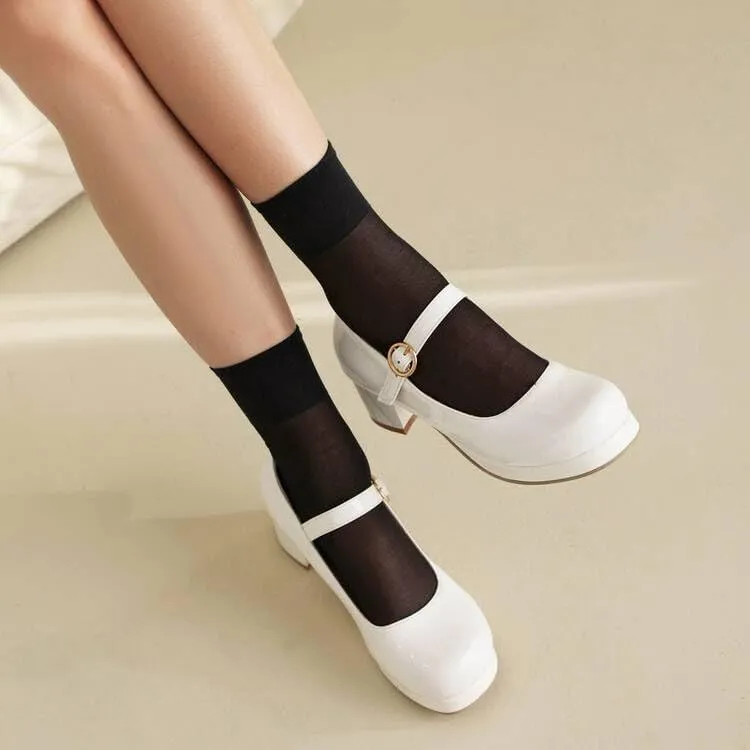 Women Elegant Mary Jane Pumps Square Toe Block Heels with Belt Buckles