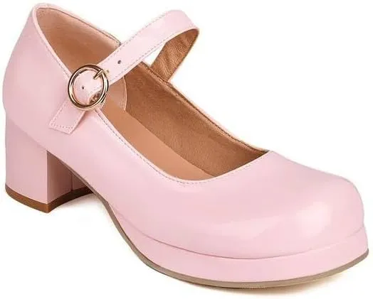 Women Elegant Mary Jane Pumps Square Toe Block Heels with Belt Buckles