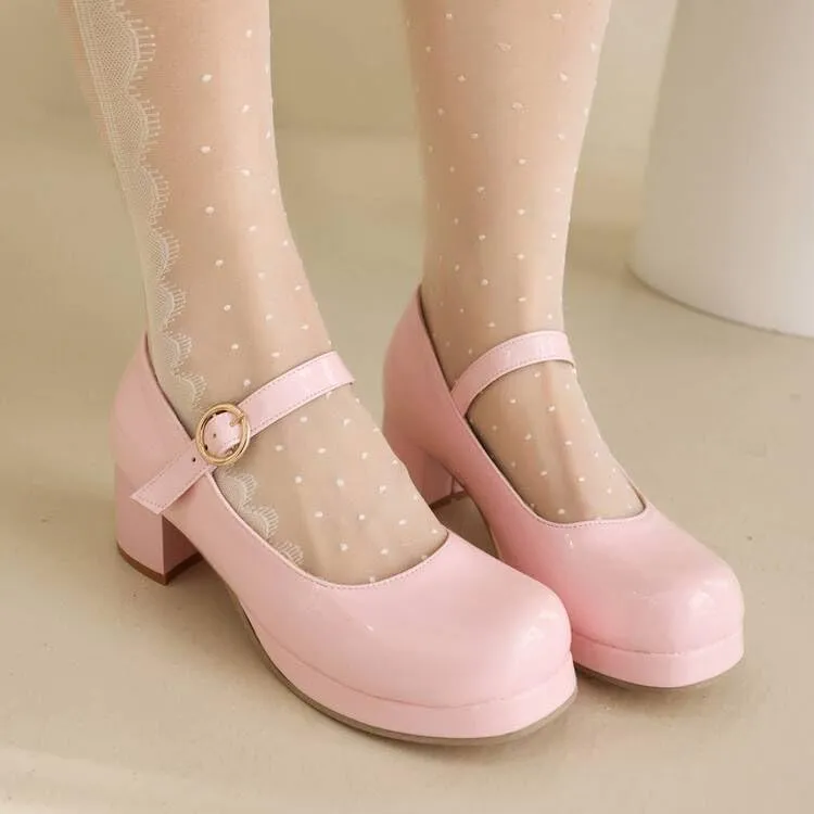 Women Elegant Mary Jane Pumps Square Toe Block Heels with Belt Buckles