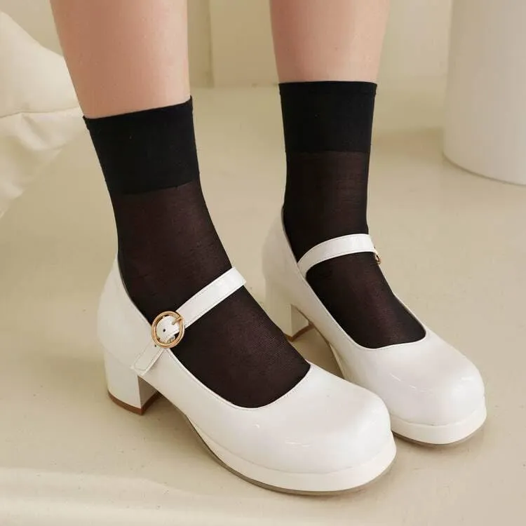 Women Elegant Mary Jane Pumps Square Toe Block Heels with Belt Buckles