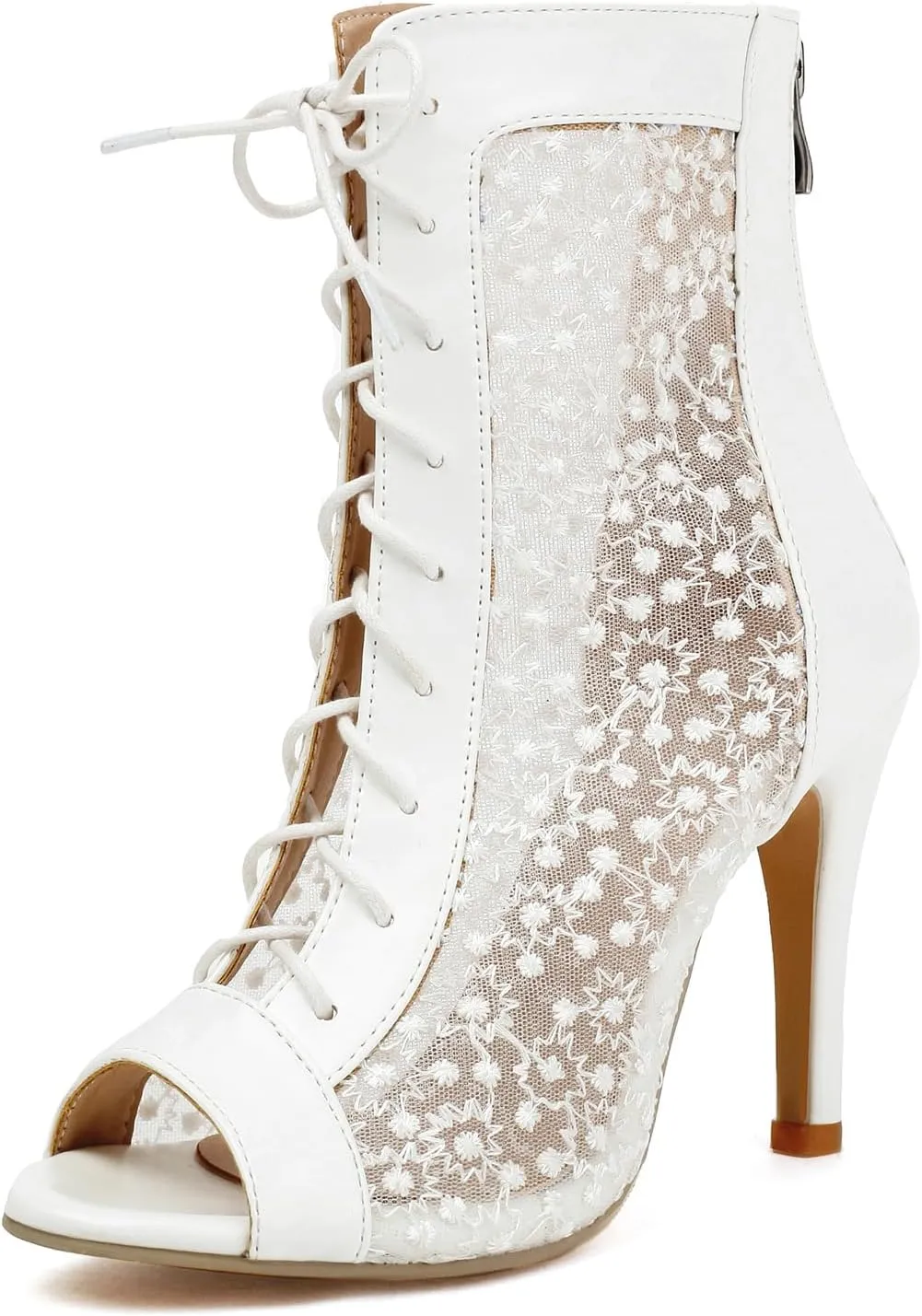 Women Elegant Peep Toe Lace Booties Back Zipper Wedding Boots for Bride Stiletto High Heels Summer Ankle Jazzi Boots