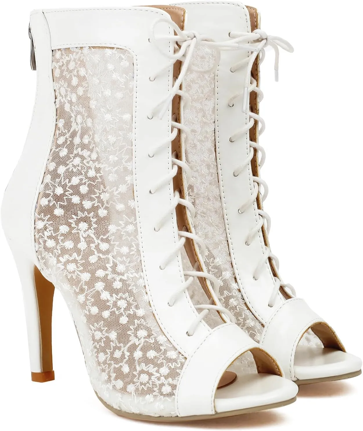 Women Elegant Peep Toe Lace Booties Back Zipper Wedding Boots for Bride Stiletto High Heels Summer Ankle Jazzi Boots