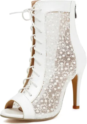 Women Elegant Peep Toe Lace Booties Back Zipper Wedding Boots for Bride Stiletto High Heels Summer Ankle Jazzi Boots