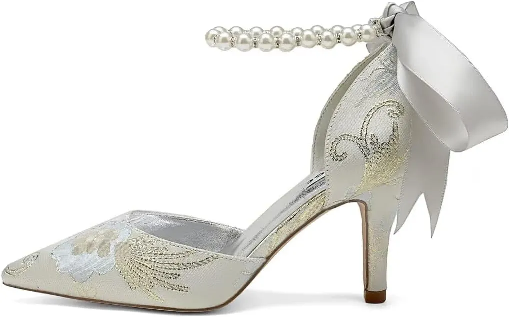Women Floral Satin Pearl Wedding Shoes for Bride Closed Toe Bridal Heels