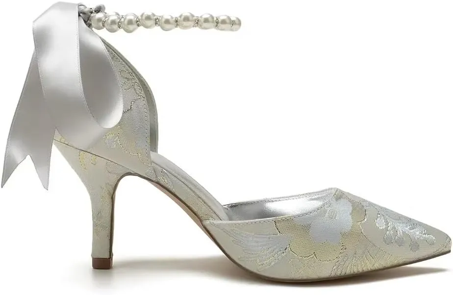 Women Floral Satin Pearl Wedding Shoes for Bride Closed Toe Bridal Heels