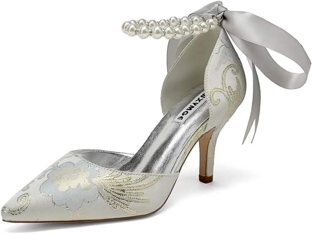 Women Floral Satin Pearl Wedding Shoes for Bride Closed Toe Bridal Heels