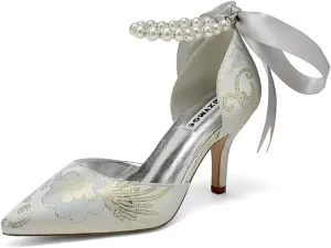 Women Floral Satin Pearl Wedding Shoes for Bride Closed Toe Bridal Heels