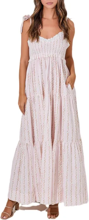 Women Floral Tie Shoulder Maxi Dresses Boho Smocked Ruffled Sleeveless Sundress Flowy Summer Patchwork Backless Dress