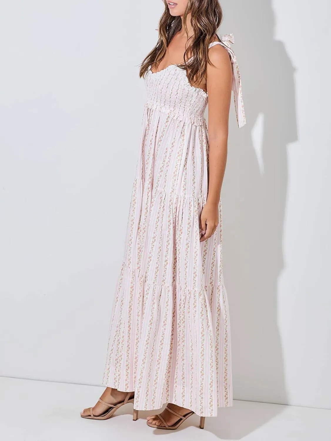 Women Floral Tie Shoulder Maxi Dresses Boho Smocked Ruffled Sleeveless Sundress Flowy Summer Patchwork Backless Dress