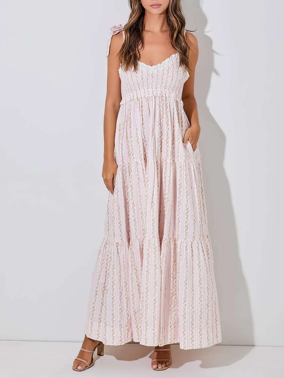 Women Floral Tie Shoulder Maxi Dresses Boho Smocked Ruffled Sleeveless Sundress Flowy Summer Patchwork Backless Dress