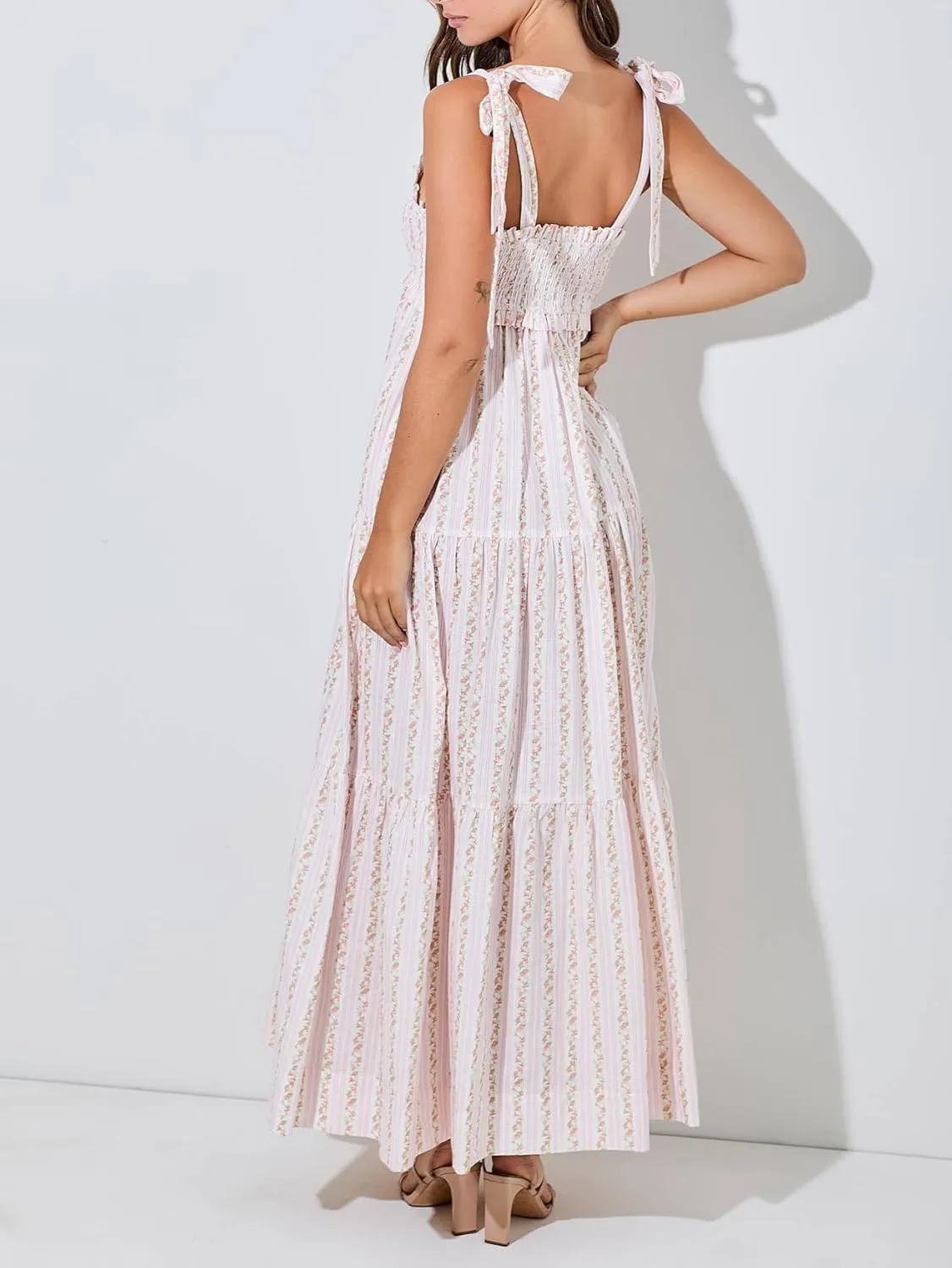 Women Floral Tie Shoulder Maxi Dresses Boho Smocked Ruffled Sleeveless Sundress Flowy Summer Patchwork Backless Dress