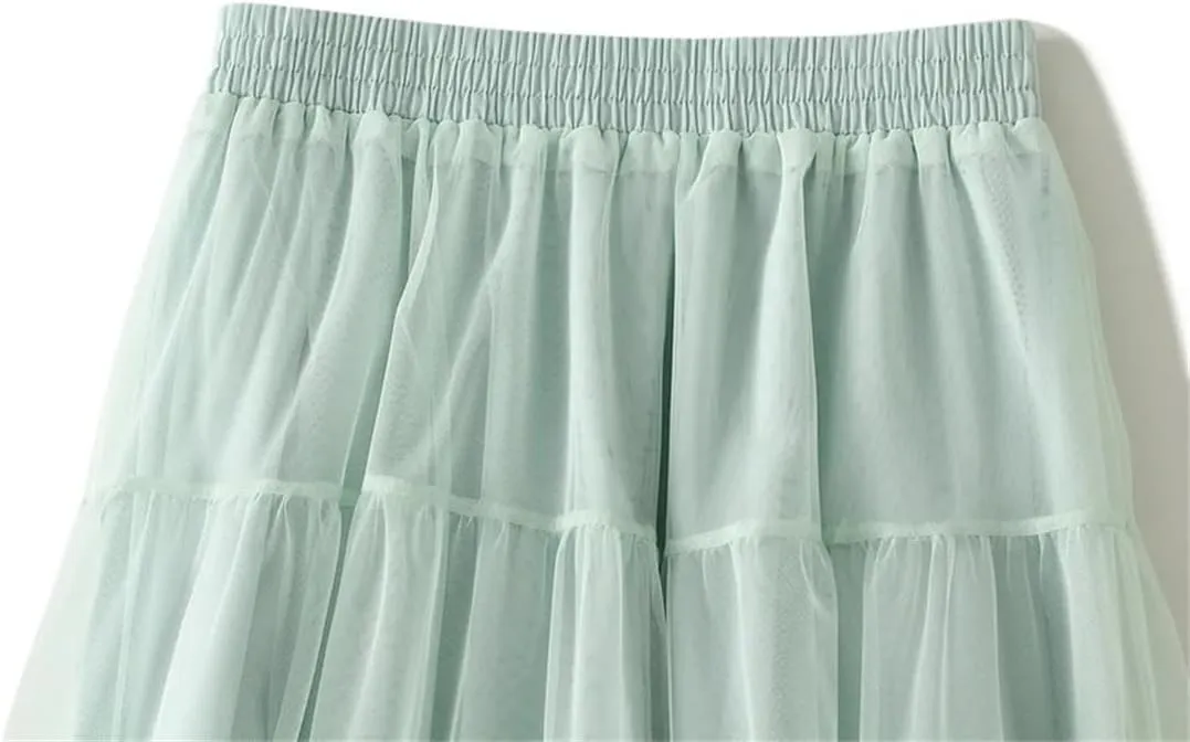 Women High Waist Loos A-Line Tulle Skirts Summer Solid Color Mesh Midi Long Skirt