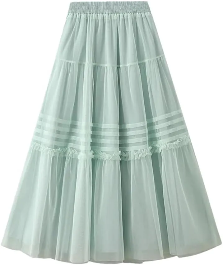 Women High Waist Loos A-Line Tulle Skirts Summer Solid Color Mesh Midi Long Skirt