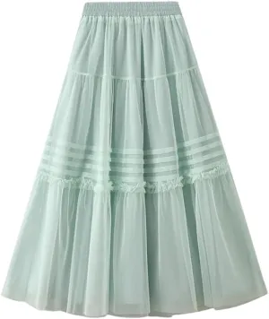 Women High Waist Loos A-Line Tulle Skirts Summer Solid Color Mesh Midi Long Skirt