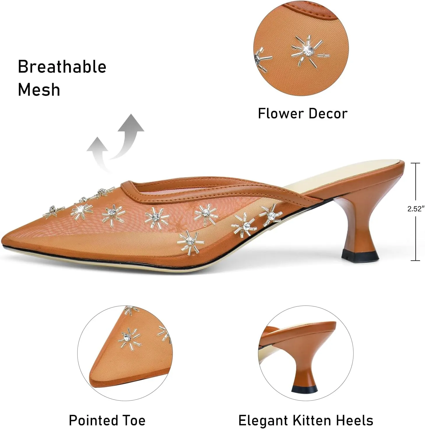 Women Kitten Heel Mules Crystal Flower Decor Mesh Pointed Toe Low Heel Pumps
