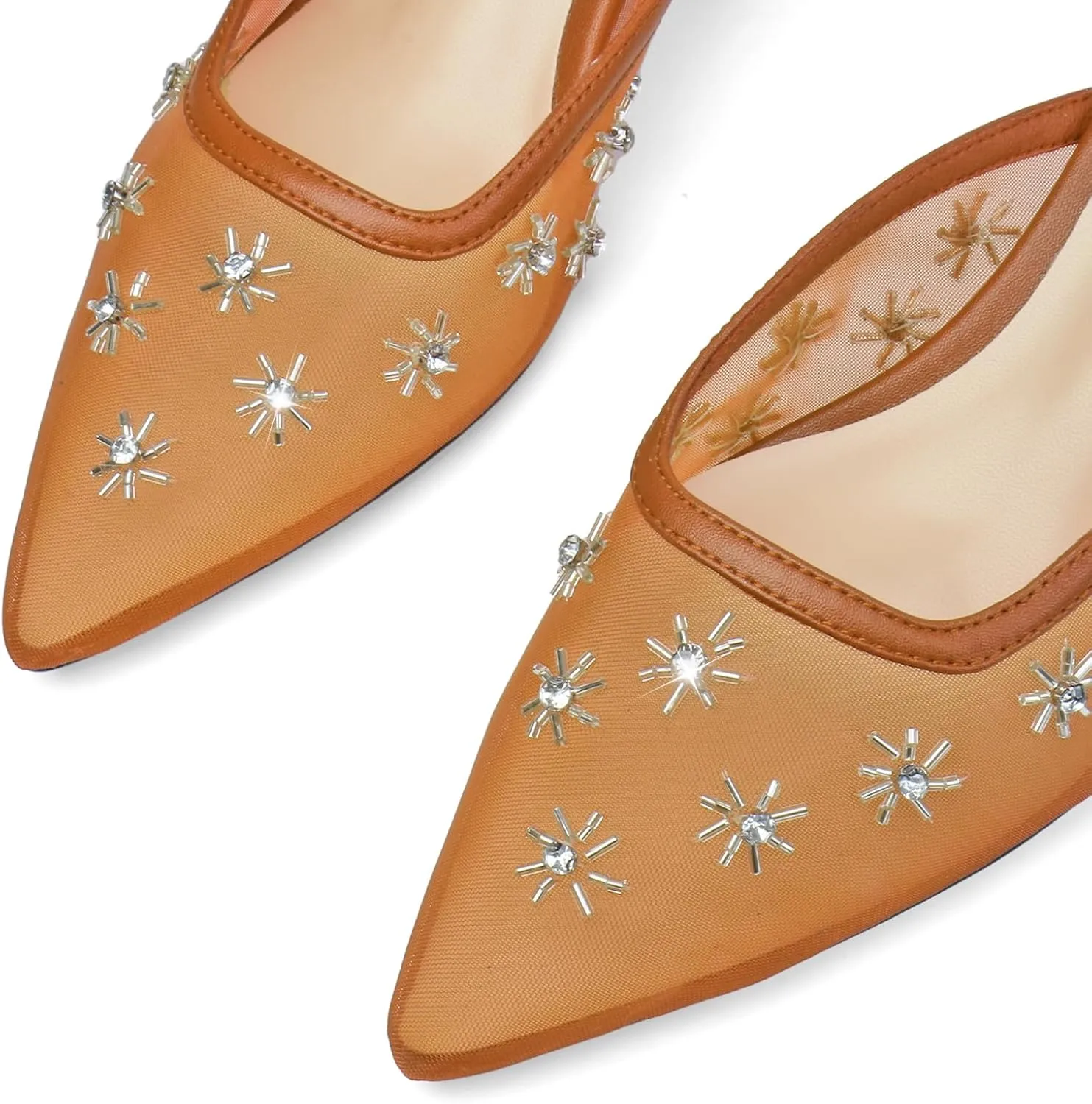 Women Kitten Heel Mules Crystal Flower Decor Mesh Pointed Toe Low Heel Pumps