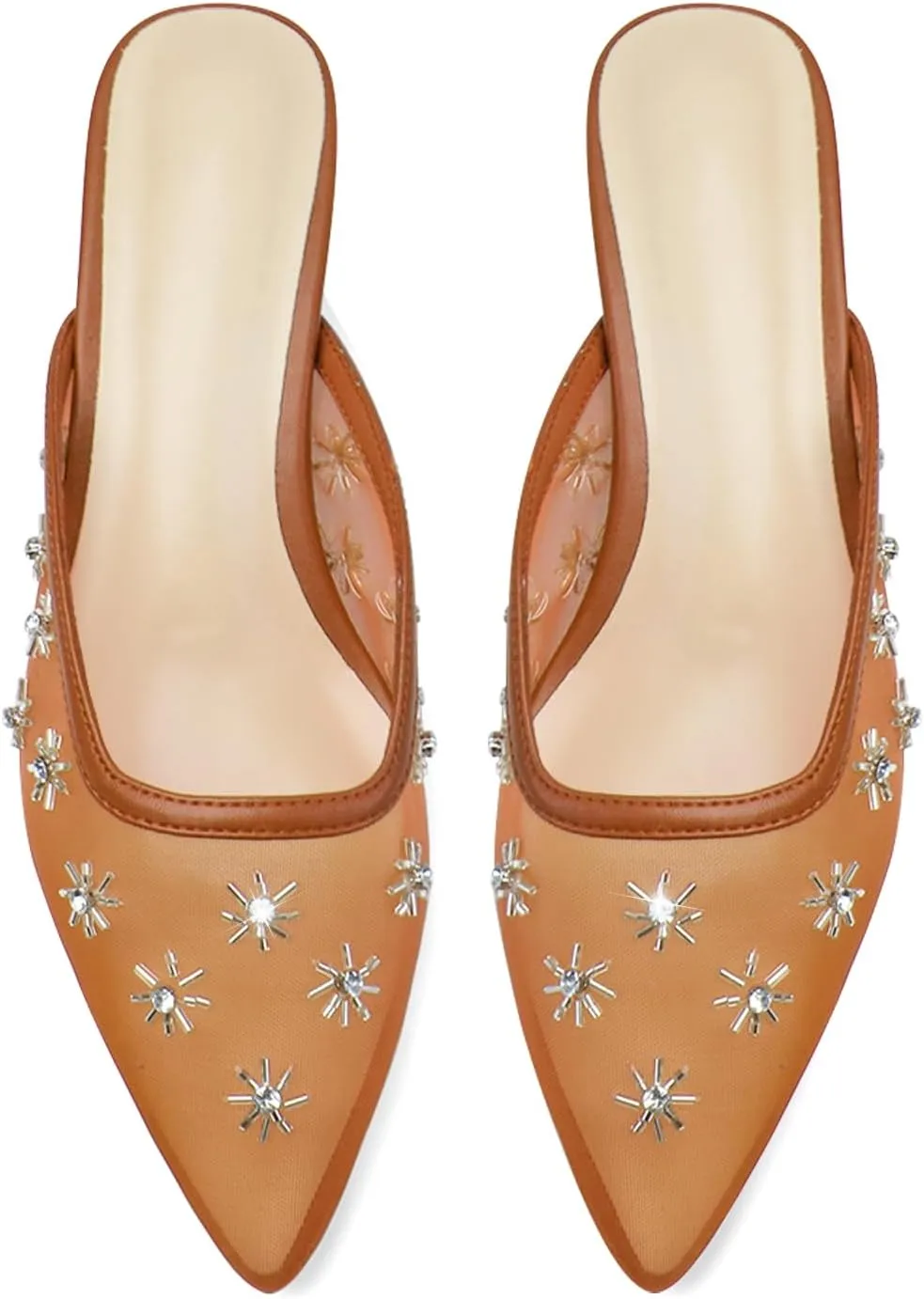 Women Kitten Heel Mules Crystal Flower Decor Mesh Pointed Toe Low Heel Pumps