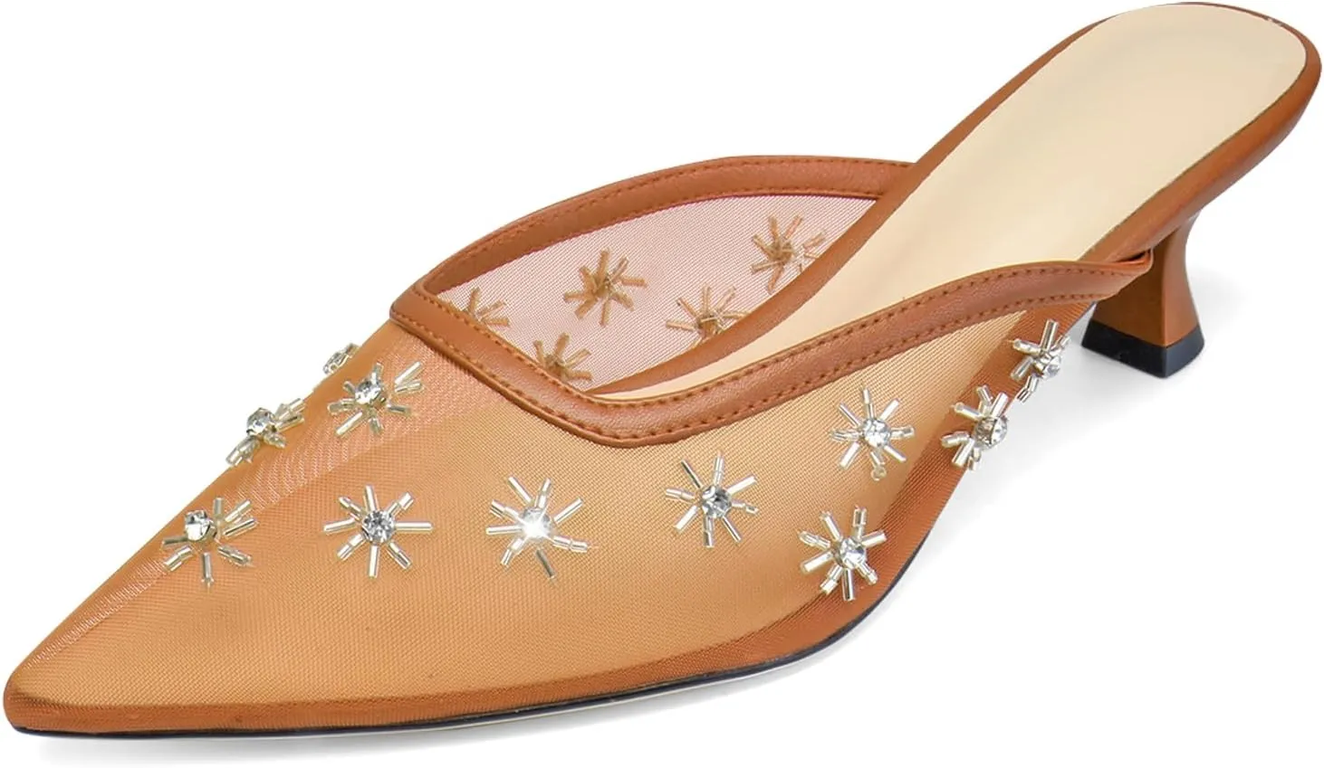 Women Kitten Heel Mules Crystal Flower Decor Mesh Pointed Toe Low Heel Pumps