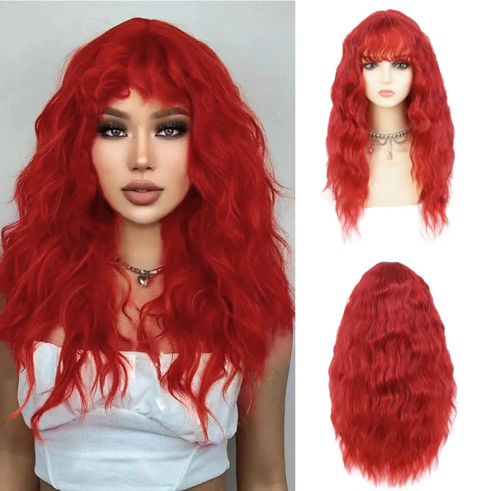 Women Long Red Curly Wavy Wigs with Bangs Natural Looking Wig Heat Resistantant Cosplay Halloween Hair Wigs Daily Use