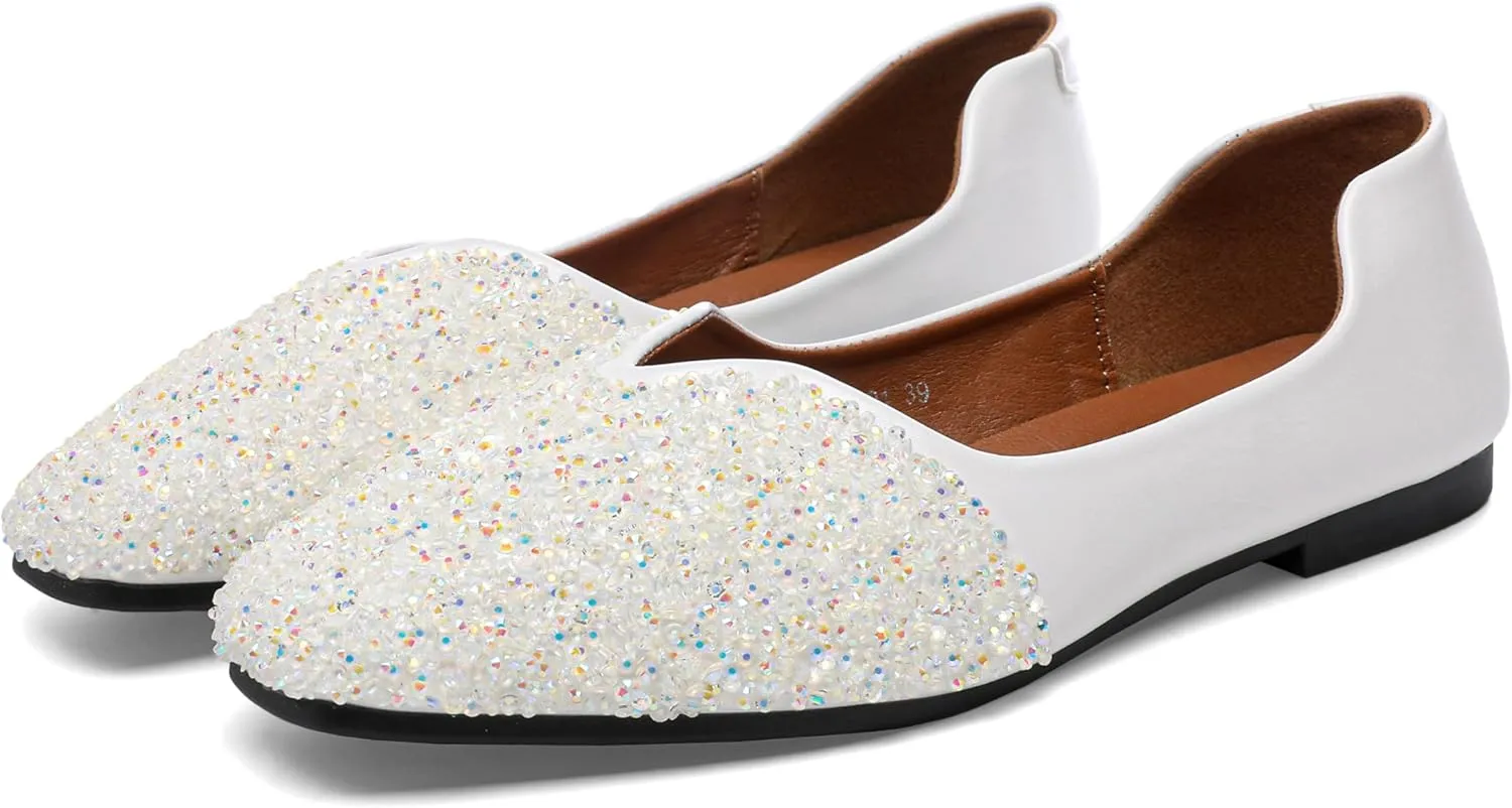 Women Rhinestone Flats Silver,Square Toe Bling Glitter Dressy Casual Bridal Wedding Sparkly Comfortable Shoe