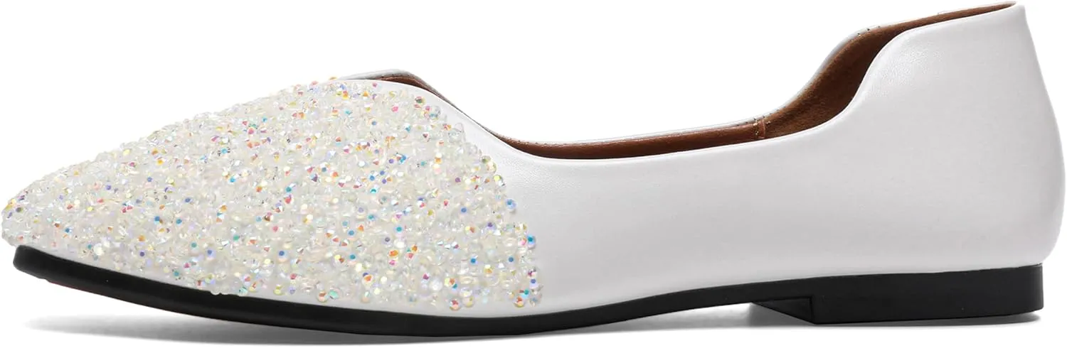 Women Rhinestone Flats Silver,Square Toe Bling Glitter Dressy Casual Bridal Wedding Sparkly Comfortable Shoe