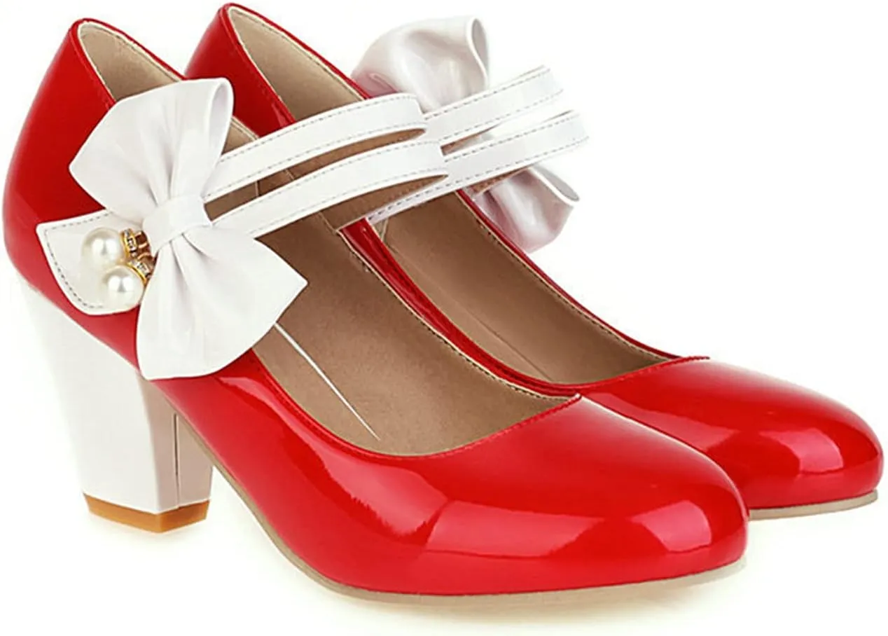 Women Round Toe Mary Jane Pumps Ankle Strap Sweet Bow Patchwork Elegant Chunky High Heel Dress Shoes