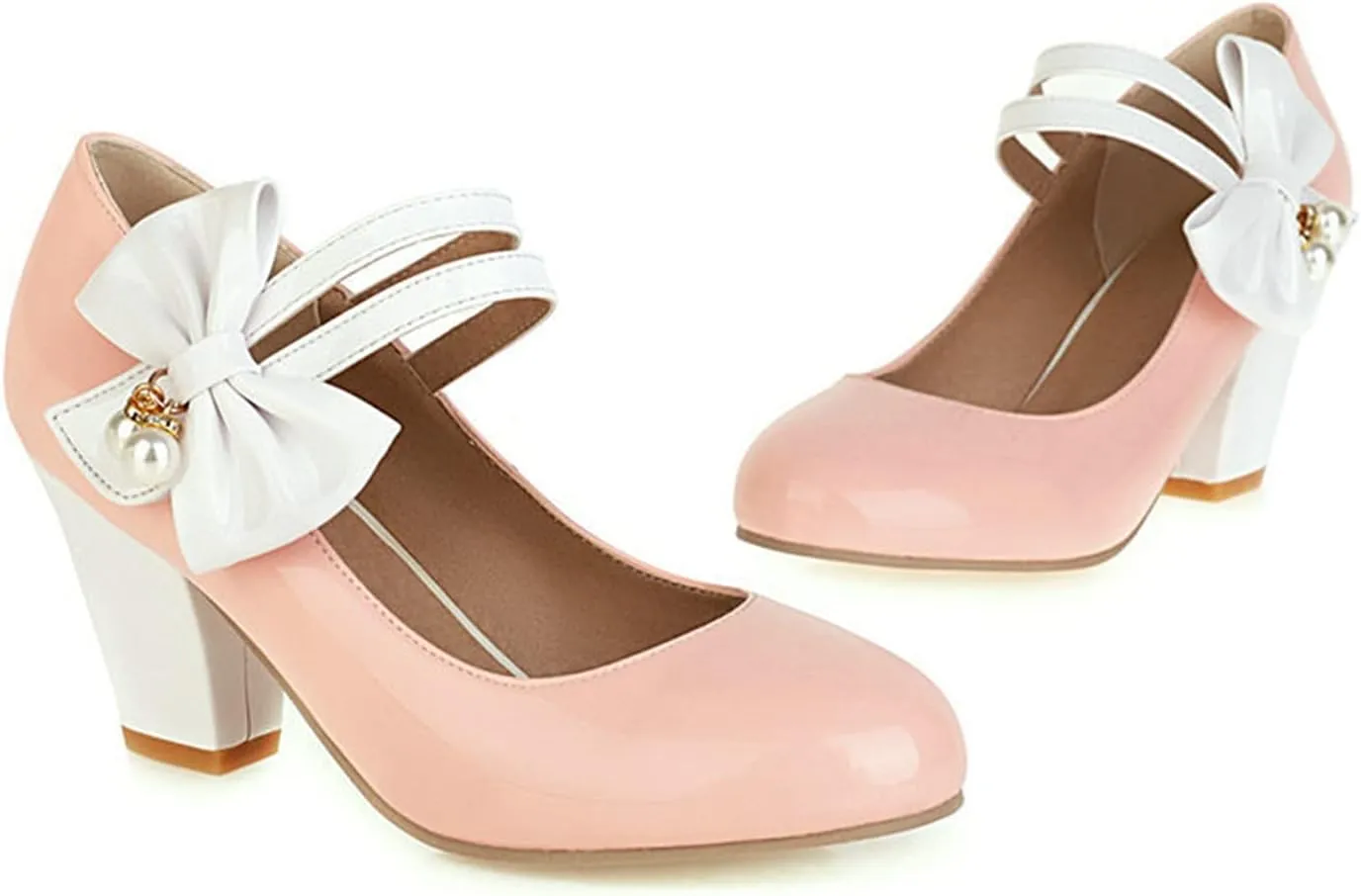 Women Round Toe Mary Jane Pumps Ankle Strap Sweet Bow Patchwork Elegant Chunky High Heel Dress Shoes