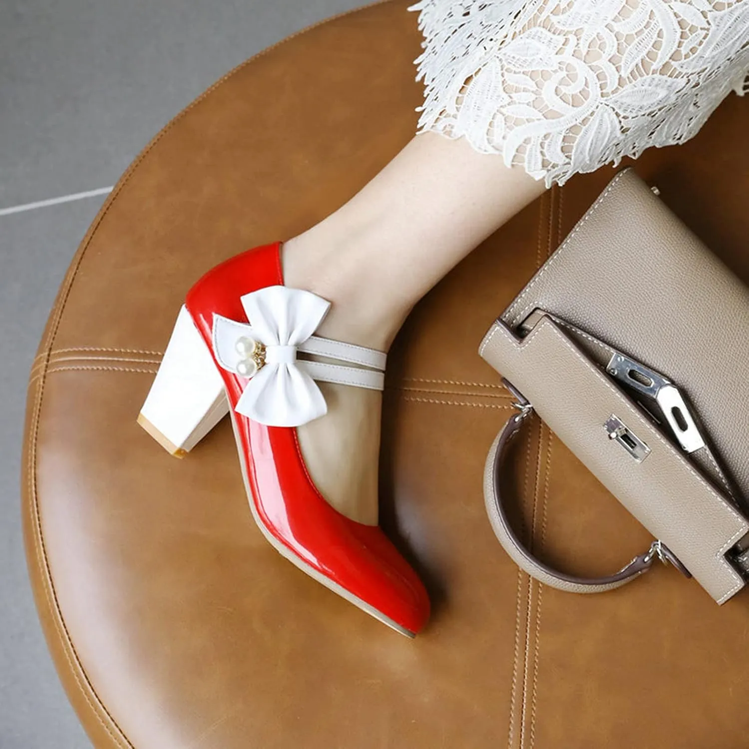Women Round Toe Mary Jane Pumps Ankle Strap Sweet Bow Patchwork Elegant Chunky High Heel Dress Shoes