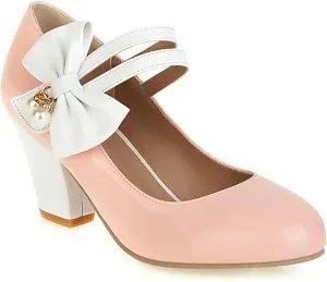 Women Round Toe Mary Jane Pumps Ankle Strap Sweet Bow Patchwork Elegant Chunky High Heel Dress Shoes