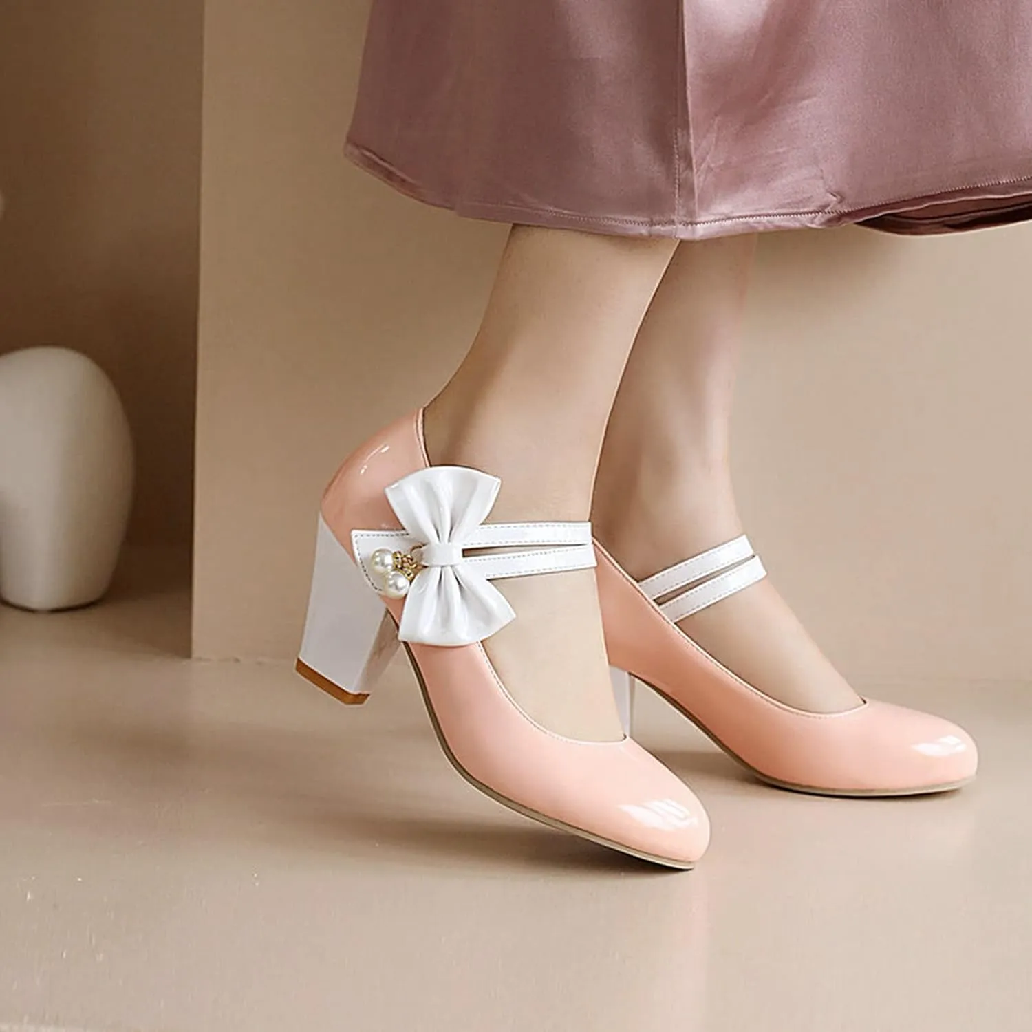 Women Round Toe Mary Jane Pumps Ankle Strap Sweet Bow Patchwork Elegant Chunky High Heel Dress Shoes