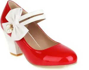 Women Round Toe Mary Jane Pumps Ankle Strap Sweet Bow Patchwork Elegant Chunky High Heel Dress Shoes